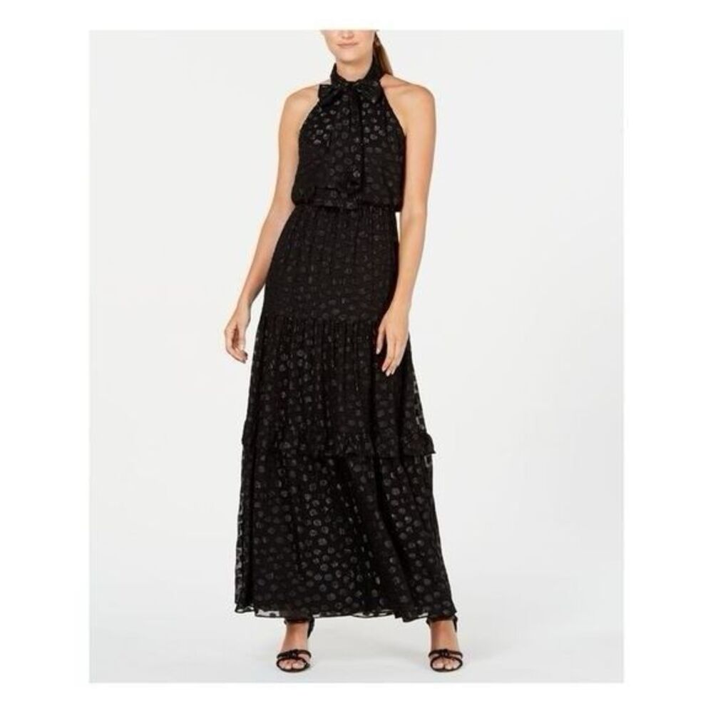 Calvin Klein Black Polka Dot Chiffon Maxi Dress Size 14 Tie Neck Formal